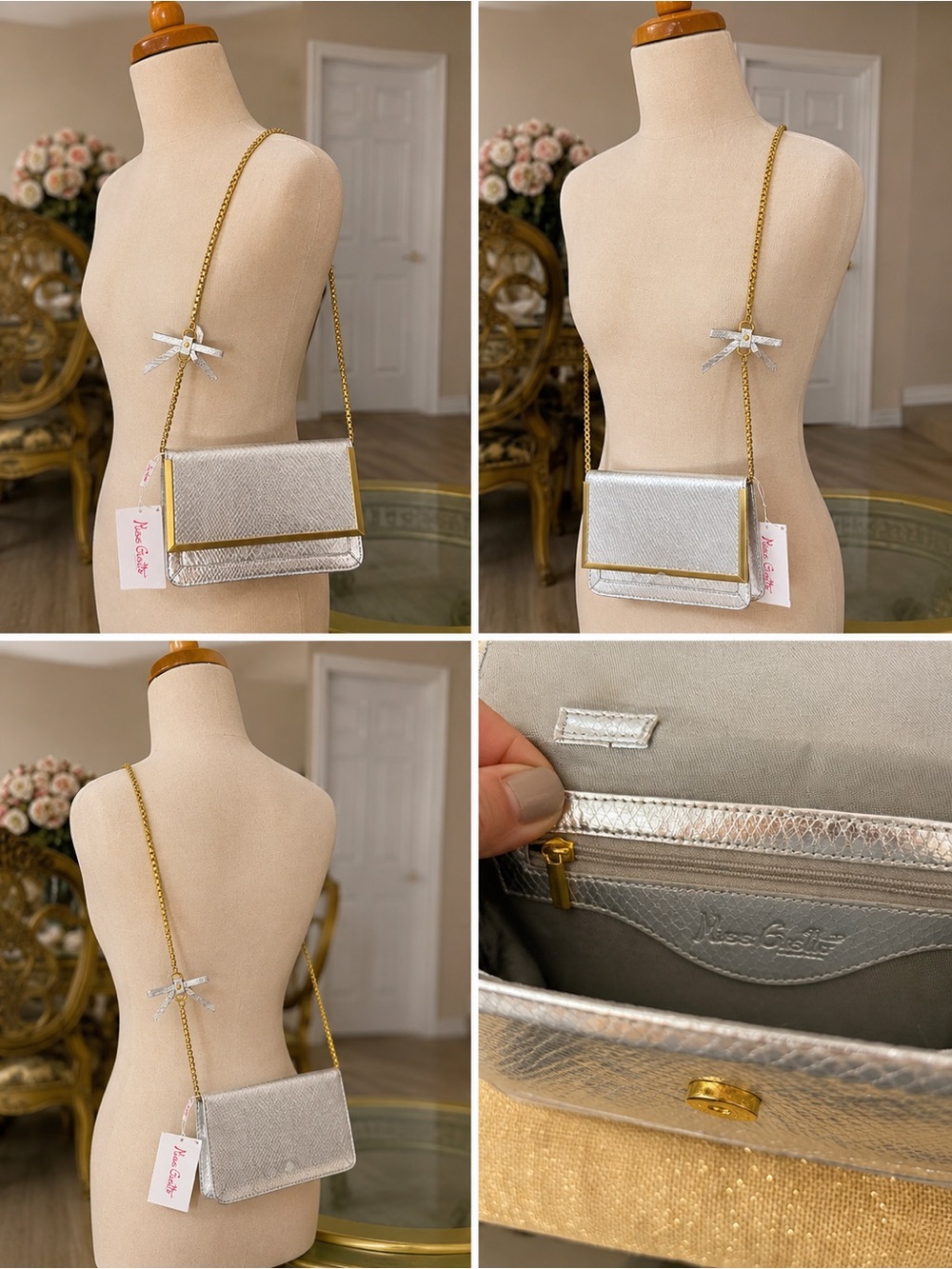Nees Gsitto Silver Metallic Evening Crossbody Bag with Gold Chain Strap